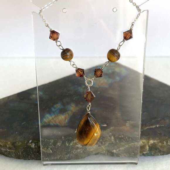 Sterling Silver 925 Beaded Tigers Eye Teardrop Pendant Necklace 18" Cable Chain - Picture 3 of 16